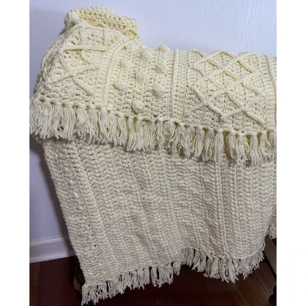 Crochet Afghan Throw Blanket Yellow 3D Nolan Aran Diamond Bobble Fringe Handmade